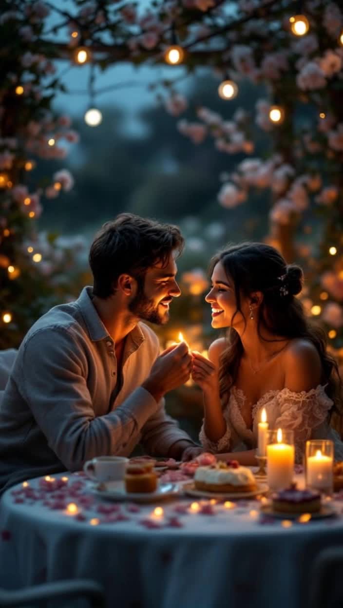 Lovers enveloped in warmth and laughter exchanging sweet whispers gazing deeply into each others eyes glimmering with affection sharing delicate bites of decadent dessert seated at a quaint candlelit table adorned with soft petals nestled in a cozy outdoor garden filled with twinkling fairy lights intoxicating scents of blooming flowers surrounding them serenade of gentle music playing in the background as the moon casts a silvery glow creating an intimate atmosphere of romance and connection