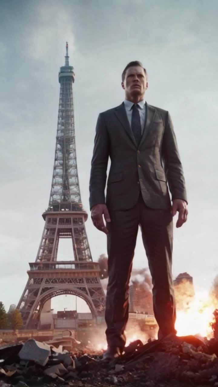 A giant human as tall as the Sears Tower in Chicago standing next to the Sears Tower in Chicago in the apocalypse with explosions and fog, hyperdetailed, detailed 