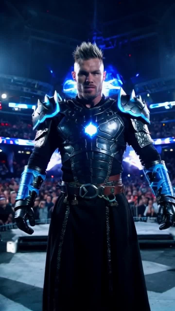 battle-worn warrior adorned in radiant armor with spiky hair glowing electric blue braces himself for an epic transformation as brilliant atomic blue energy surges into his pineal gland illuminating his fierce expression neon-lit arena pulsating with vibrant colors and a dynamic crowd cheering electrifying atmosphere filled with swirling lights and shadows creating a sensation of anticipation and power