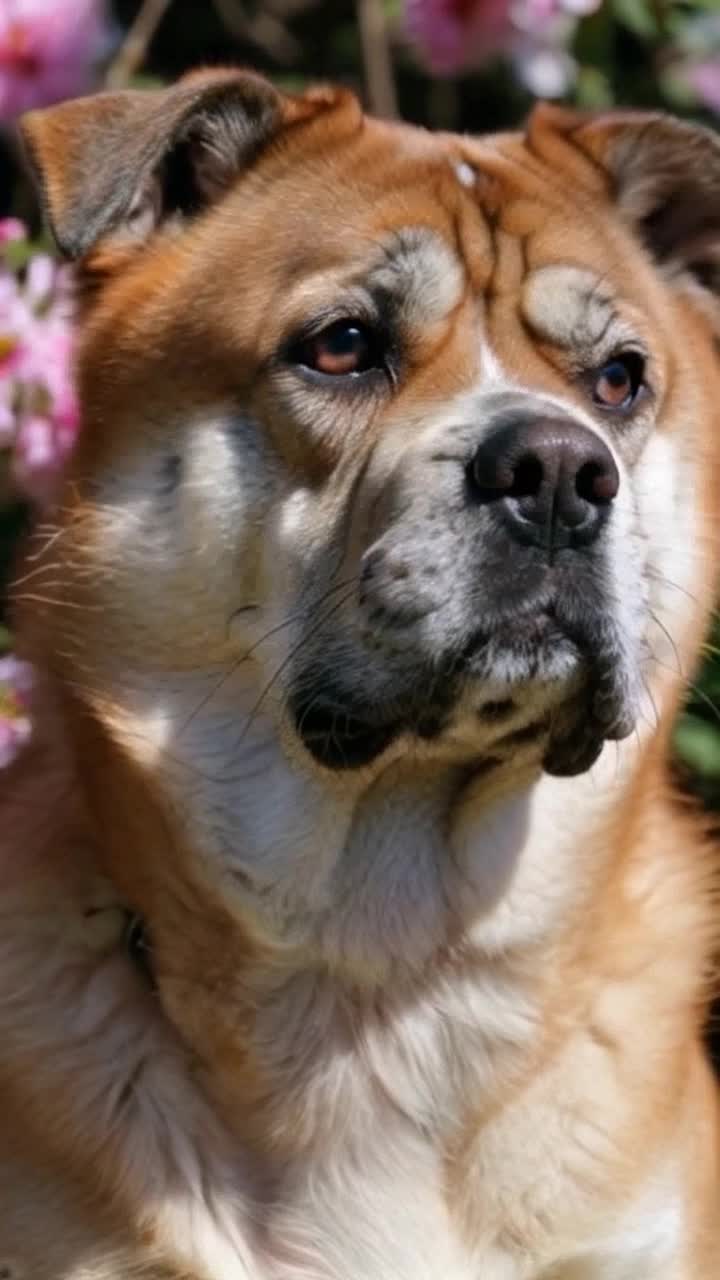 Closeup of a wrinkled SharPei dog with soulful expressive eyes gazing intently with deep emotion reflecting in its gaze Radiant sunlight casts soft shadows highlighting intricate textures of its fur creating a stunning contrast against vibrant backdrop of blooming flowers swaying gently in the breeze adding a serene visual harmony to the scene