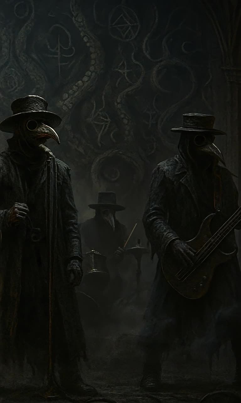 A dark gothic metal band bobbing heads rapidly and unison as they plays an erroneous point truth of deception in melodic irony,
