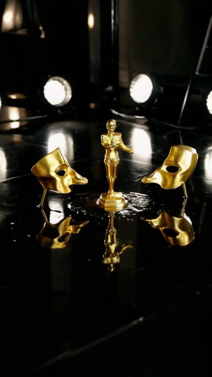 Two elegant gold drama masks glimmering under studio lights slowly melting like wax sculptures drip into a shimmering puddle of gold Liquid gold pooling on a sleek black floor reflecting the sophisticated ambiance then transforming smoothly into a stunning Oscar statue rising majestically from the puddle surrounded by soft glowing lights casting intricate shadows on the walls