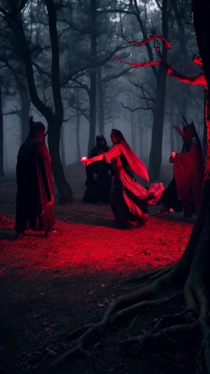 Solo warrior dressed in flowing garments twirls gracefully unleashing powerful high kicks toward shadowy witches cloaked in dark robes their curses dissipating into swirling smoke bursts enveloped in ominous red light glowing fiercely amidst a foggy enchanted forest dark trees looming ominously with twisted branches creating an eerie atmosphere as the ground quakes beneath the feet of the combatants shadows flickering in the red glow capturing a battle of strength against dark magic