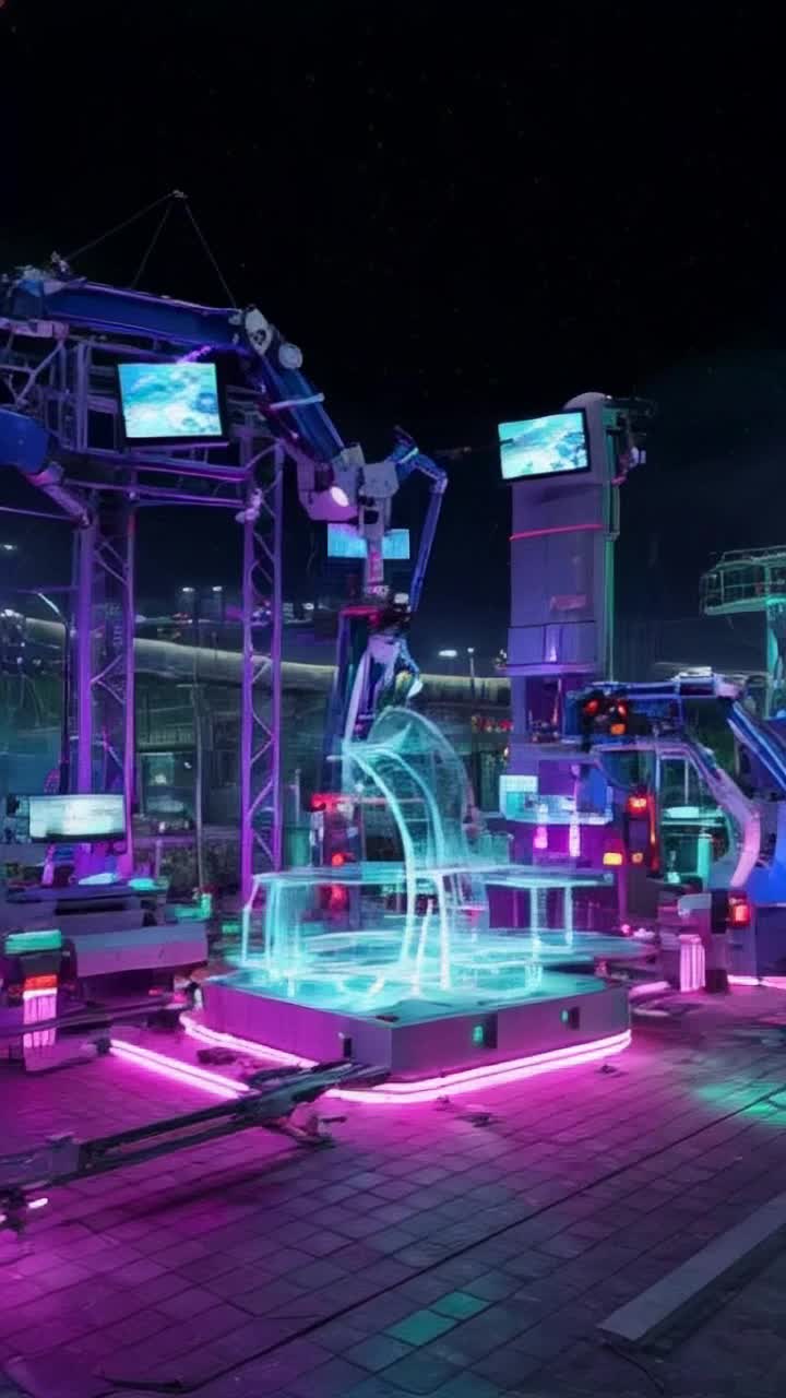 Curious robots and sleek machines whirring with energy  
Transforming traditional metal structures into a dazzling futuristic wonderland  
Vibrant neon lights illuminating polished surfaces amidst intricate conveyor belts  
High-tech screens displaying holographic data as automated arms sculpt materials with precision  
A symphony of mechanical sounds blending with rhythmic movements in a dynamic environment  
Innovative designs emerging from every corner surrounded by a lively atmosphere of progress  
Aerial drones soaring above monitoring the seamless operations below  
Pulsing energy radiating from every machine creating a captivating spectacle