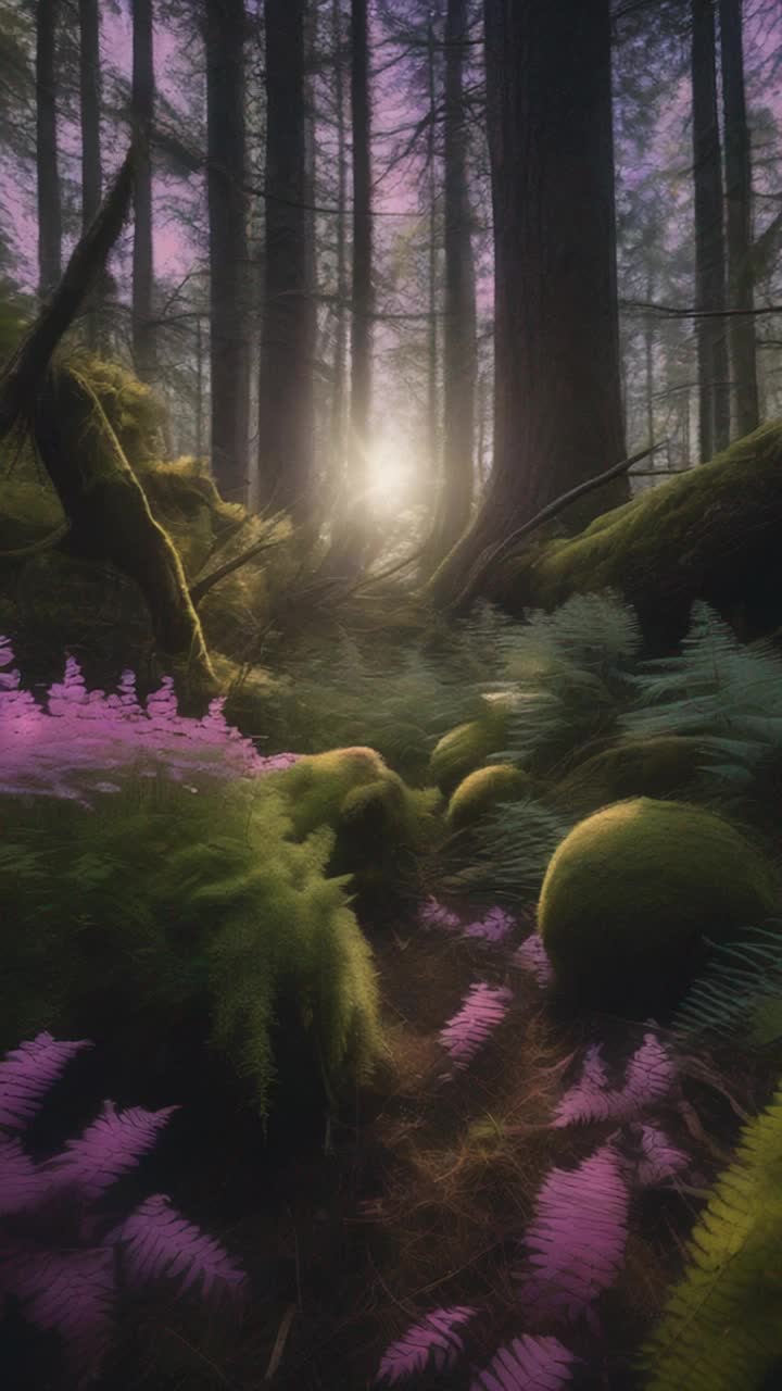 A beautiful deep dark mysterious forest in the Northern USA The forest is full of varied trees and plants including pine trees cedar trees oak trees mosses ferns bushes  and vines as well as gorgeous wildflowers of white, blues, pinks , purples, and yelllows  Amidst this beautiful scene a beautiful three and one half foot shiny silver ball floats in midair there is also an ancient stonehenge like structure of grey rocks covered in moss partially knocked down a hill covered in gree vines and tangled in trees and vines the underbrush and the stones 