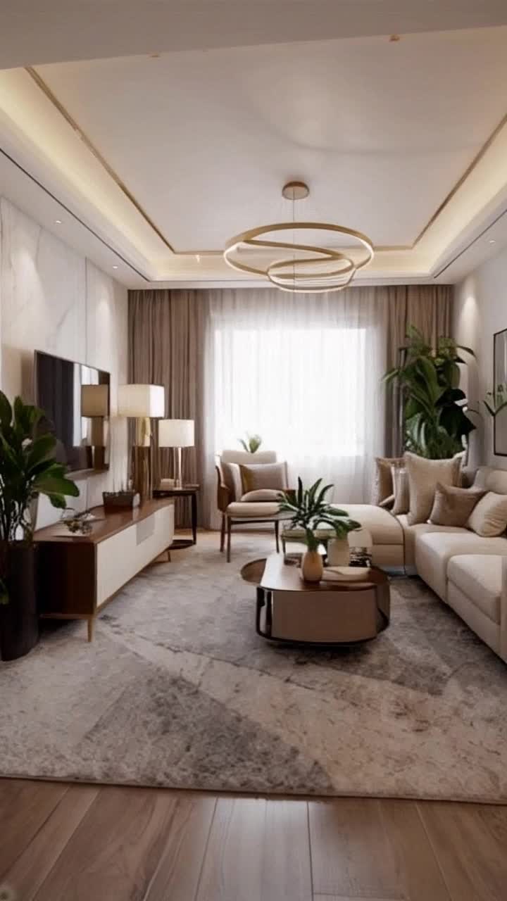 A messy living room transforming into a minimalist elegant space with neutral palette, cozy lighting, and lush indoor plants, photorealistic animation with cinematic transitions