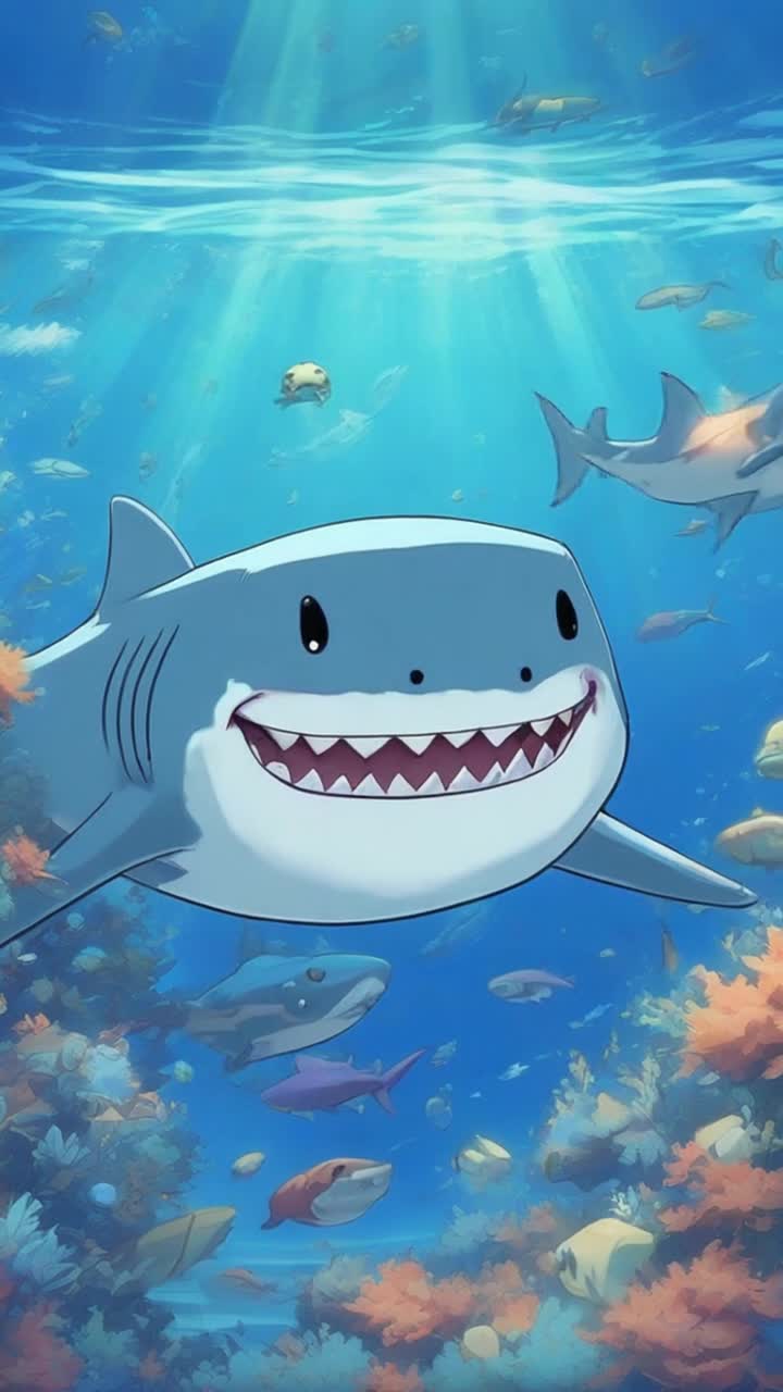 Blue chubby shark swimming through a clear blue ocean scene