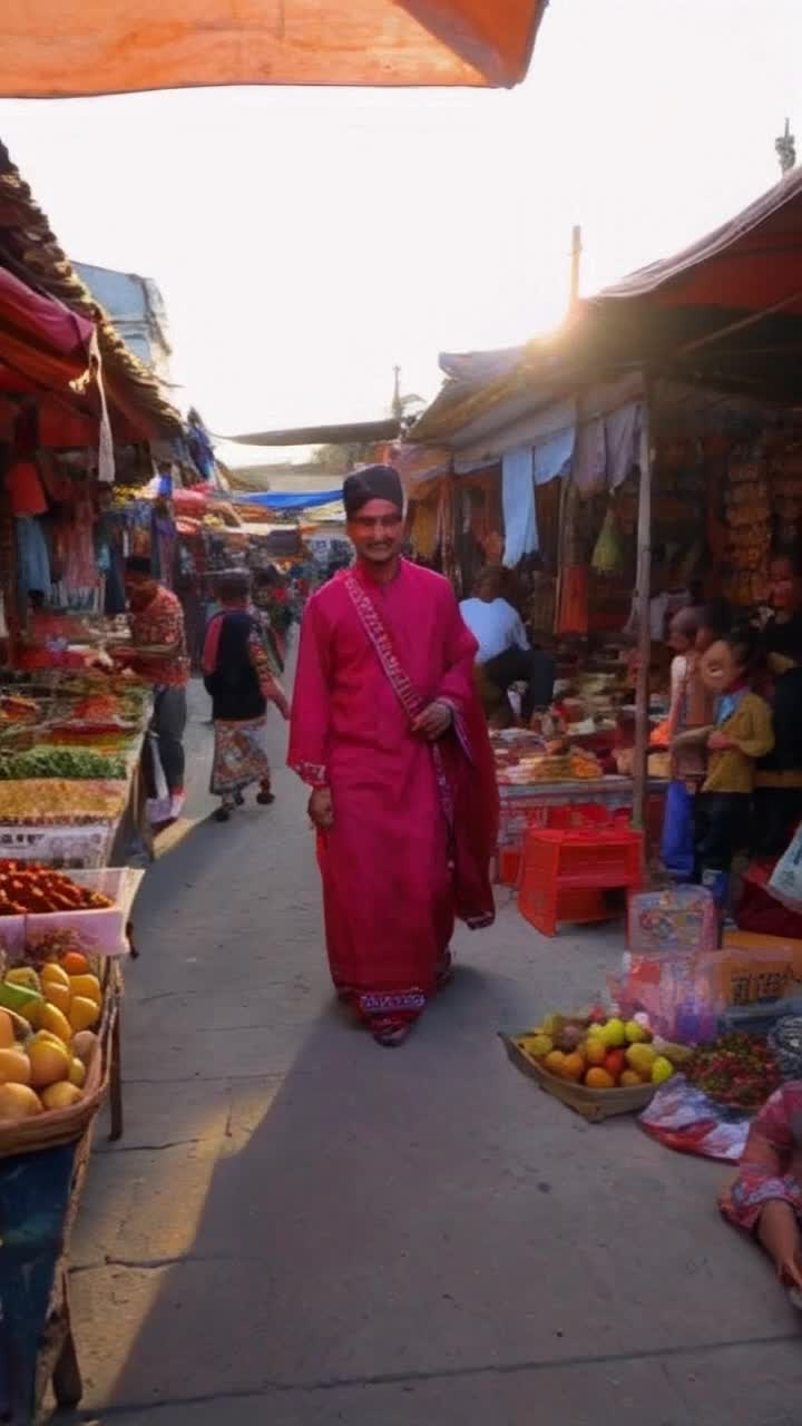 Adil strikingly dressed in vibrant traditional attire radiates charisma and confidence He strides purposefully through a bustling marketplace animated with colorful stalls and lively vendors Sunlight filters through canopies casting a warm glow on fruits and spices arranged like jewels Laughter and chatter fill the air as Adil pauses to engage with children playing nearby, a bright smile on his face Rich scents of street food waft around him, inviting curiosity Flashes of bright fabrics and cheerful faces create a tapestry of life, making the scene vibrant and immersive, truly showcasing Adils magnetic presence amidst the cultural tapestry