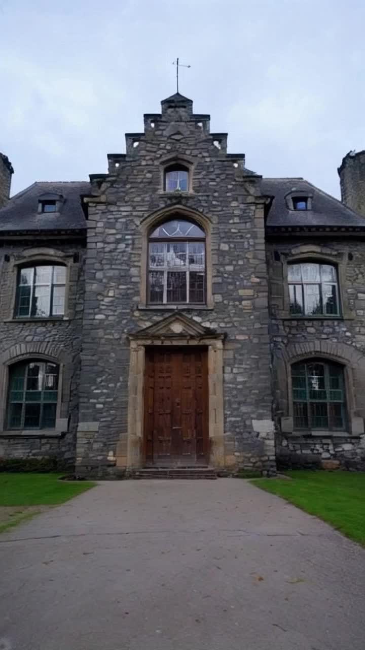 A huge ancient manor house in Britain of grey stone with large tall leaded  glass windows and  a huge faded wooden door