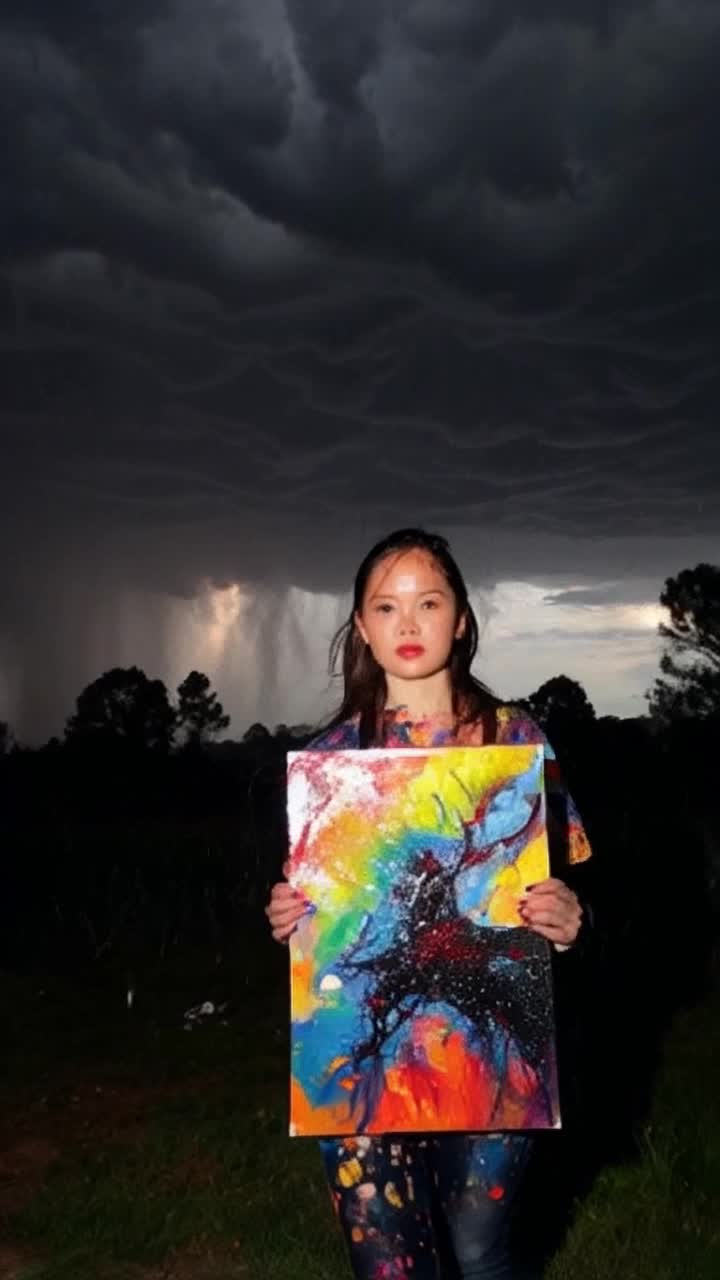 Young woman with paint-splattered clothes clutching a vibrant canvas fiercely Guarding her artwork beneath heavy raindrops cascading from dark storm clouds swirling overhead Electric flashes of lightning illuminating her determined expression as wind bends trees around her Drenched colors flowing together on canvas revealing her resilience amidst chaos