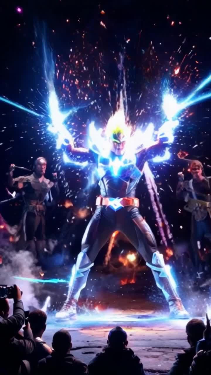 High vibrational warrior with vibrant spiky hair bursts into iconic hero pose, electric charges crackling around body radiating unstoppable power. Chaotic fray swirls with colorful energy and dynamic movement, energy blasts illuminate chaotic battleground. Pulsating lights dance through the air creating a vivid spectacle, spectators captivated by fierce determination radiating from the warrior. Shadows of adversaries loom in the background, adding tension and excitement to the scene