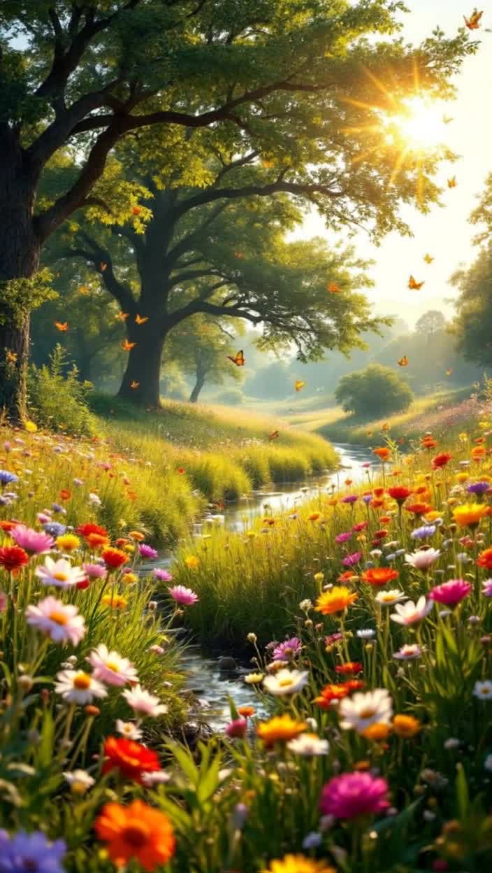 Sundrenched meadow adorned with vibrant wildflowers swaying gently in the breeze Flourishing butterflies dance gracefully above the soft grass as warm sunlight bathes the landscape Inviting shade from tall oak trees offers a tranquil retreat with melodious birdsong filling the air while a gentle stream glimmers in the distance