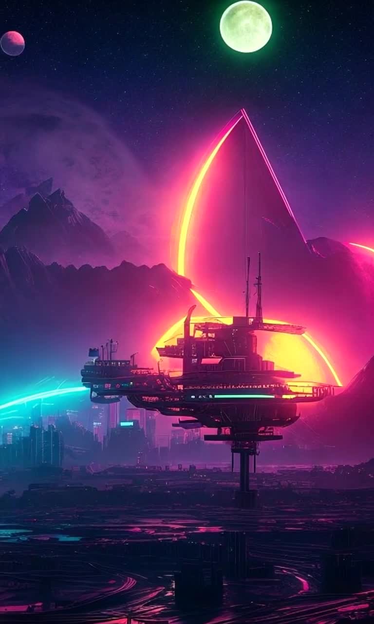 Futuristic sky ship shimmering with neon colors sails gracefully among cotton candy clouds above a sprawling cyberpunk cityscape bursting with vibrant lights and towering skyscrapers pulsating with energy Ship glides effortlessly through the air leaving trails of luminescent plasma as it embarks on an epic voyage exploring the depths of an electric metropolis Below, bustling streets teem with holographic advertisements and eclectic crowds basking in the glow of a technological utopia while shadows dance between flickering lights adding an air of intrigue to the scene