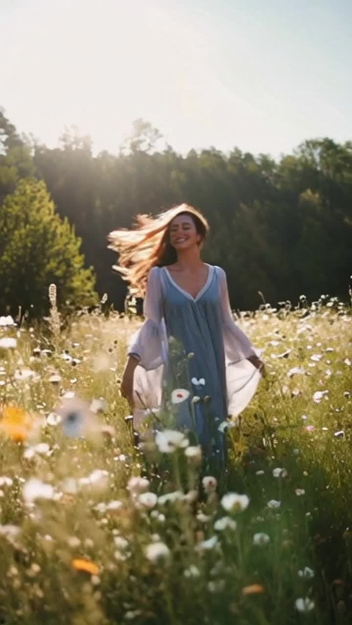 haired woman radiating confidence gracefully twirling under warm sunlight Vibrant wildflowers dance around her as soft breezes playfully tug at her flowing garments Rich green forest canopy envelops her, filtering golden rays creating a magical aura