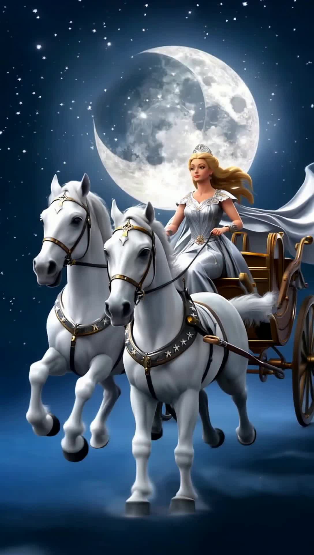 selene the greek moon goddess on her chariot flying in the night sky being drawn by 2 white horses with a crescent moon behind them