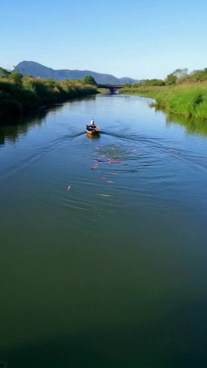 Serene river glistening under sunlight small wooden boat with a skilled fisherman casting net gracefully Fish leaping from water shimmering in vibrant colors Gentle ripples creating a tranquil melody lush green banks lined with wildflowers swaying softly in the breeze distant mountains silhouetted against a bright blue sky adding depth to the peaceful scene