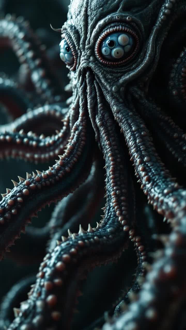 Elderitch horror, Cthulhu creature close up of its terrible writhing tentacles covered in razor suction teeth covered eye beaks, ultra realistic 4k 