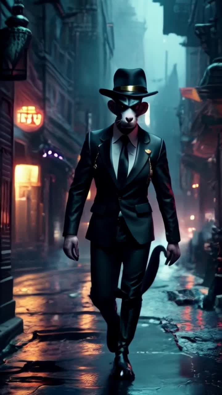 Confident male anthropomorphic rat exuding authority dressed in sleek tailored black suit and crisp white shirt detailed with sharp black tie and jaunty black fedora casting a shrewd glance with piercing yellow eyes meticulously groomed tail poised behind him navigating dimly lit alleyways of bustling city nightlife neon lights reflecting off wet pavement surrounding hidden underworld gatherings smoke curling from shadows as deals unfold amidst tension highlighting his strategic mindset and fierce loyalty navigating moral complexities in pursuit of power shaping legacy of influence with calculated charm