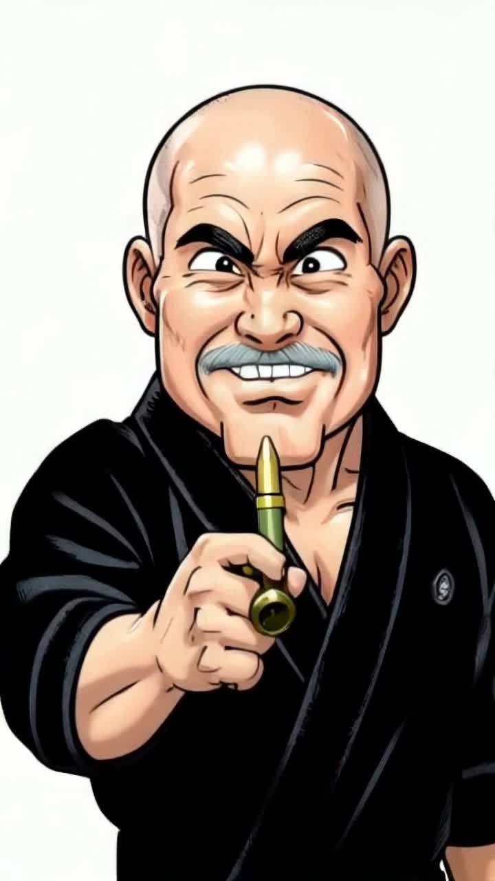 Bald cartoon comic Asian man in black karate suit smirking at camera while catching bullet Withl his teeth cartoon comic
