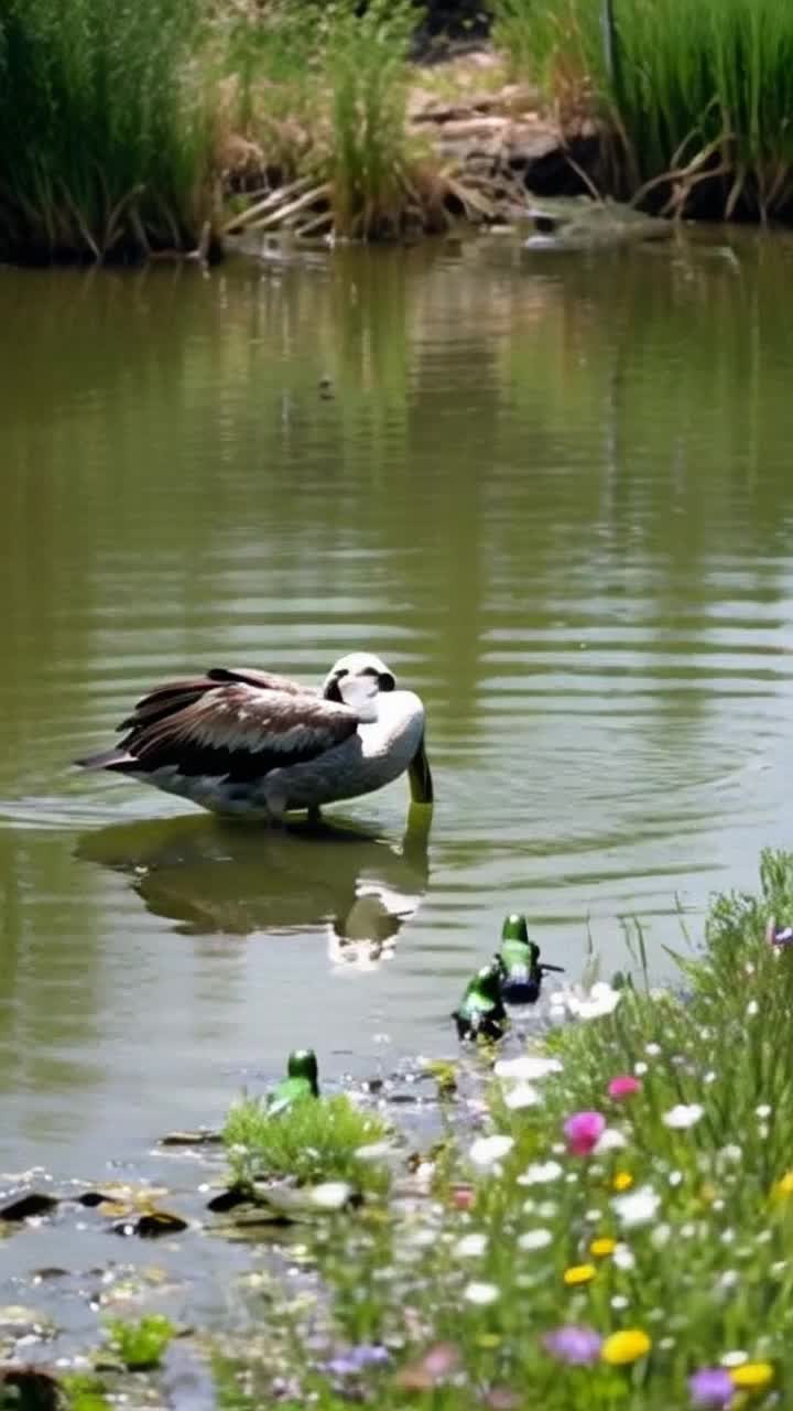 Elegant pelican with oversized beak joyfully flaps wings gracefully then plops into shimmering water creating a dramatic splash nearby frogs leap in perfect sync their vibrant green bodies glistening in sunlight croaks echoing like a comedic laugh track surrounded by lush reeds and vibrant wildflowers by tranquil pond with soft ripples creating a whimsical atmosphere