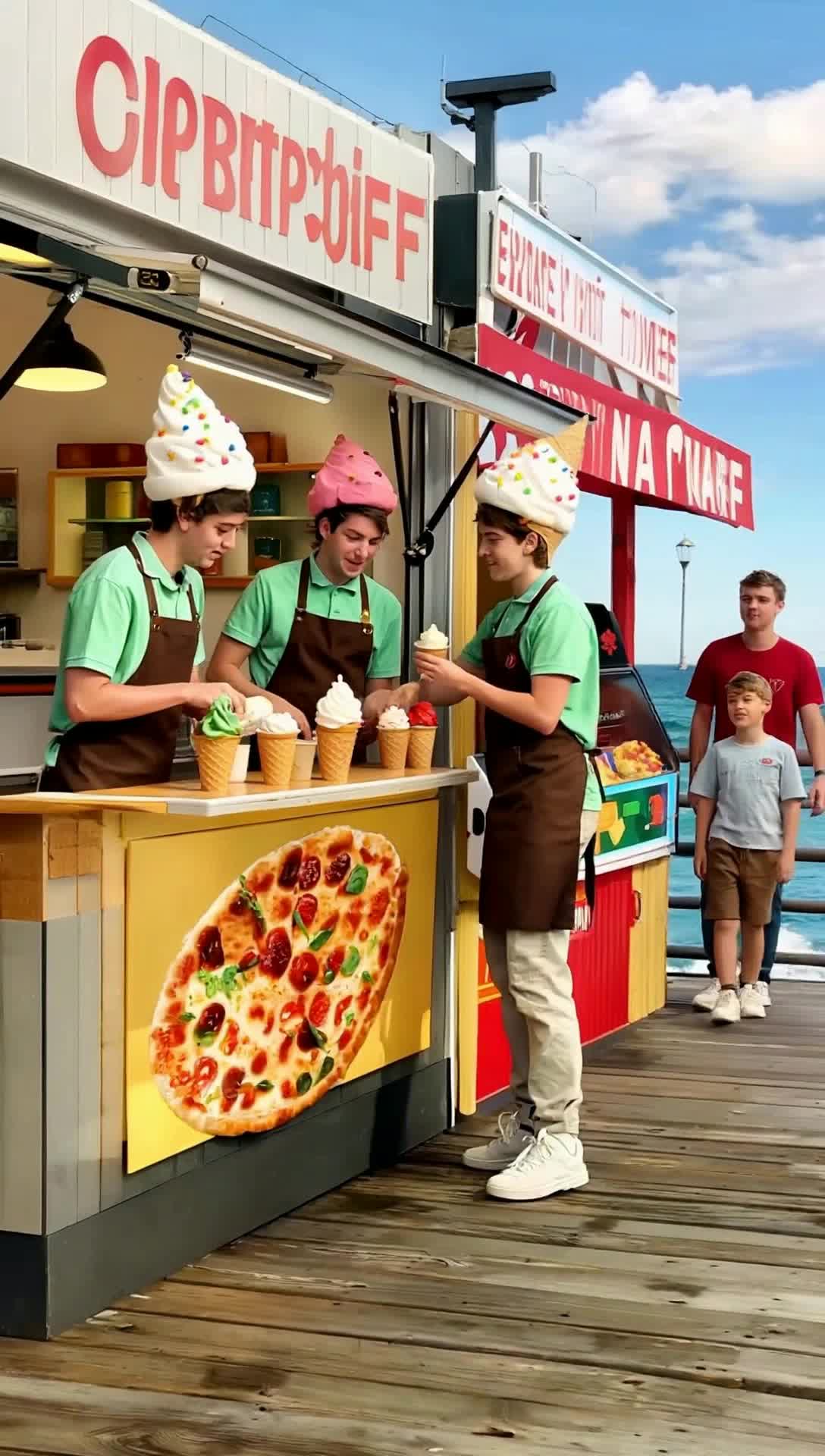 An ice cream shop next to a pizzeria on a boardwalk overlooking ocean, has college age workers in uniform, the ice cream servers wear pastel green cotton tshirts covered by tan aprons and hats that resemble ice cream cones filled with soft serve vanilla and sprinkles as they fill cones, bowls and talk with customers, the next door Pizza Pushers wear burgundy red tshirts with the Pizza Pushers logo sewn badge around the left of the collar and the same tan aprons, they have crust brown colored berets that look like real pizza pies, red sauce and melted cheese, watching adolescent children going into the video arcade and missing those allegedly carefree days