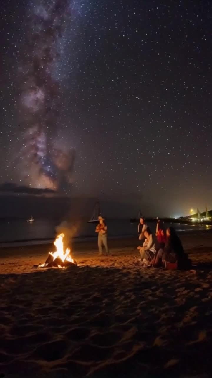 Elegant figures in cowboy attire swirl about on soft sandy shores illuminated by twinkling stars above rhythmic dance moves capturing joy and freedom Gentle waves lap against the beach as vibrant boats sail gracefully on the horizon under a canopy of silvery moonlight reflecting on the water creating a serene ambiance Flickering bonfires provide a warm glow casting playful shadows on smiling faces as laughter mingles with the sounds of the ocean enhancing a picturesque evening celebration under the mesmerizing night sky filled with sparkling constellations