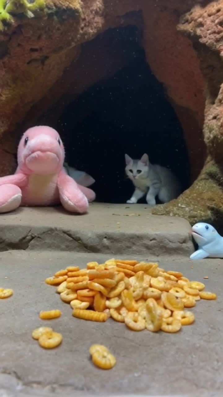 A long haired kitten playfully chases goldfish crackers in an underwater wonderland near a plush toy octopus sitting at the entrance of a cave and a plush toy shark also wiggling after the goldfish crackers