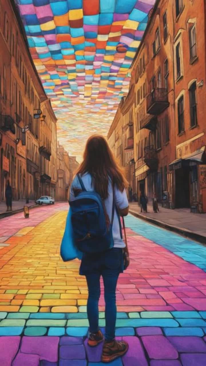 Veiled woman adorned in vibrant garments immersed in lively sidewalk scene showcasing intricate chalk art patterns bursting with color and creativity She strolls gracefully over the artistic journey, absorbing the surrounding beauty while softly interacting with the ambient artwork illuminating the area Surrounding atmosphere filled with radiant projections and glowing pastel hues create an enchanting urban canvas alive with artistic expression Sunlight dances off exquisite details as unknown artists vision unfolds beneath her feet, transforming ordinary pavement into a breathtaking masterpiece inspiring joy and wonder in the hearts of onlookers