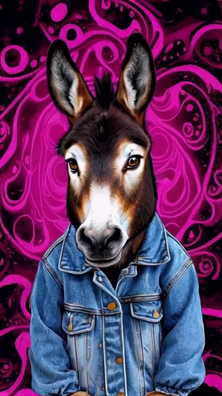  Cartoon donkey with despairing humanlike eyes, wearing a faded denim jacket, set against a swirling pop art backdrop, inspired by the bold styles of Takashi Murakami, Camille Rose Garcia, and Jeremy Fish, with intricate details and textured brushstrokes, emphasizing a hyperemotional, psychedelic atmosphere