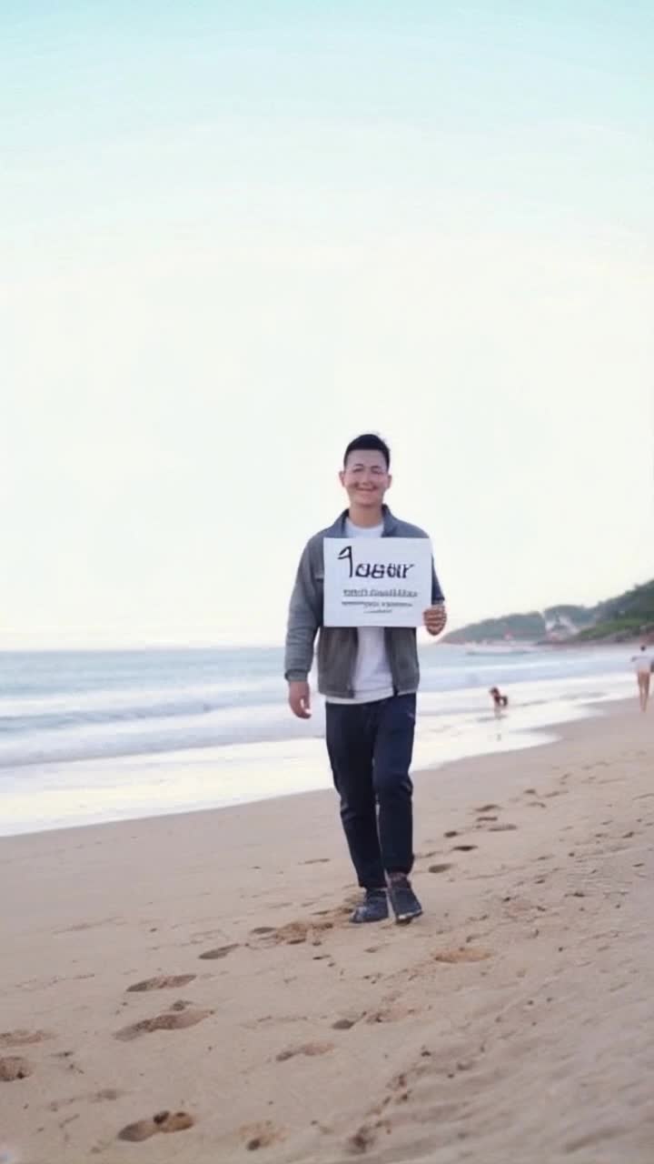 UN JOVEN CAMINANDO POR LA PLAYA USANDOI UN CARTEL QUE DIGA INSCRIBETE EN EL CENTRO DE IDIOMAS DE LA UNAJ