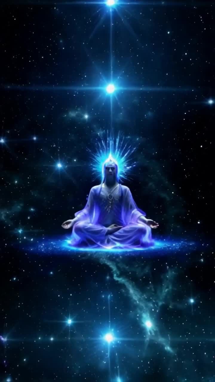Ascended Master exuding shimmering spiky hair vibrant atomic blue energy surrounded by swirling cosmic light entering deep meditation radiating tranquility against a backdrop of infinite stars and nebulous galaxies swirling in harmonious dance illuminating the scene with ethereal brilliance creating a serene cosmic sanctuary where time holds no power enveloping the Master in celestial serenity