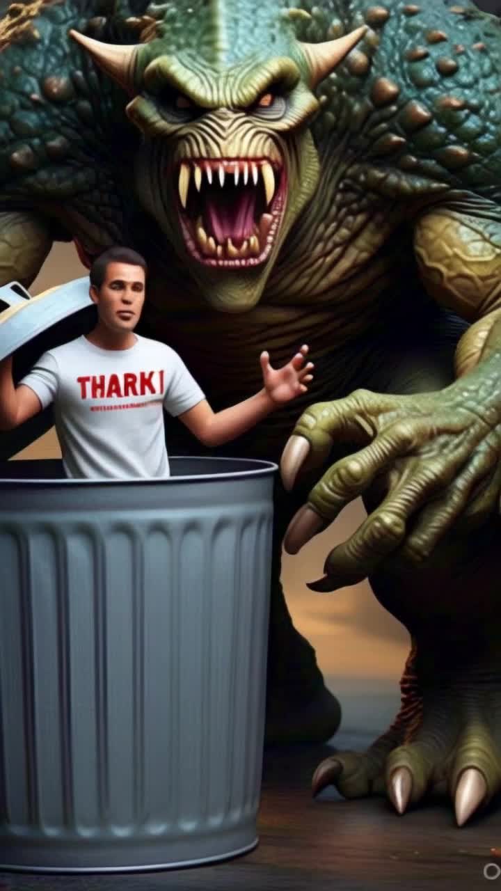 GIANT, the giant in this picture is putting this tiny man wearing THARKI tshirt , the giant puts this tiny man in trash and close the lid of trash tightly 
