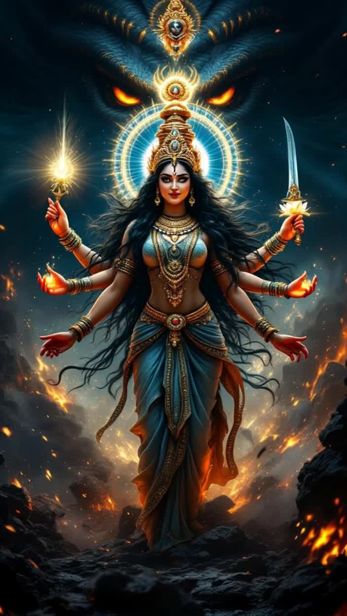 Majestic Goddess Katyayani radiates divine strength creating a powerful presence in a vivid animated reel Chaos surrounds her as the ominous shadow of Mahishasura looms generating destruction and dread Lights ignite capturing the fury of Brahma Vishnu Mahesh transforming into a radiant figure with swirling brilliance A serene yet fierce closeup unveils Katyayani her four arms embracing a sword and lotus symbolizing power and peace Darkness retreats as she triumphantly dispels evil with divine light The scene transforms revealing tranquility as she smiles softly invoking worshippers on Navratri capturing the essence of devotion with grandeur and beauty