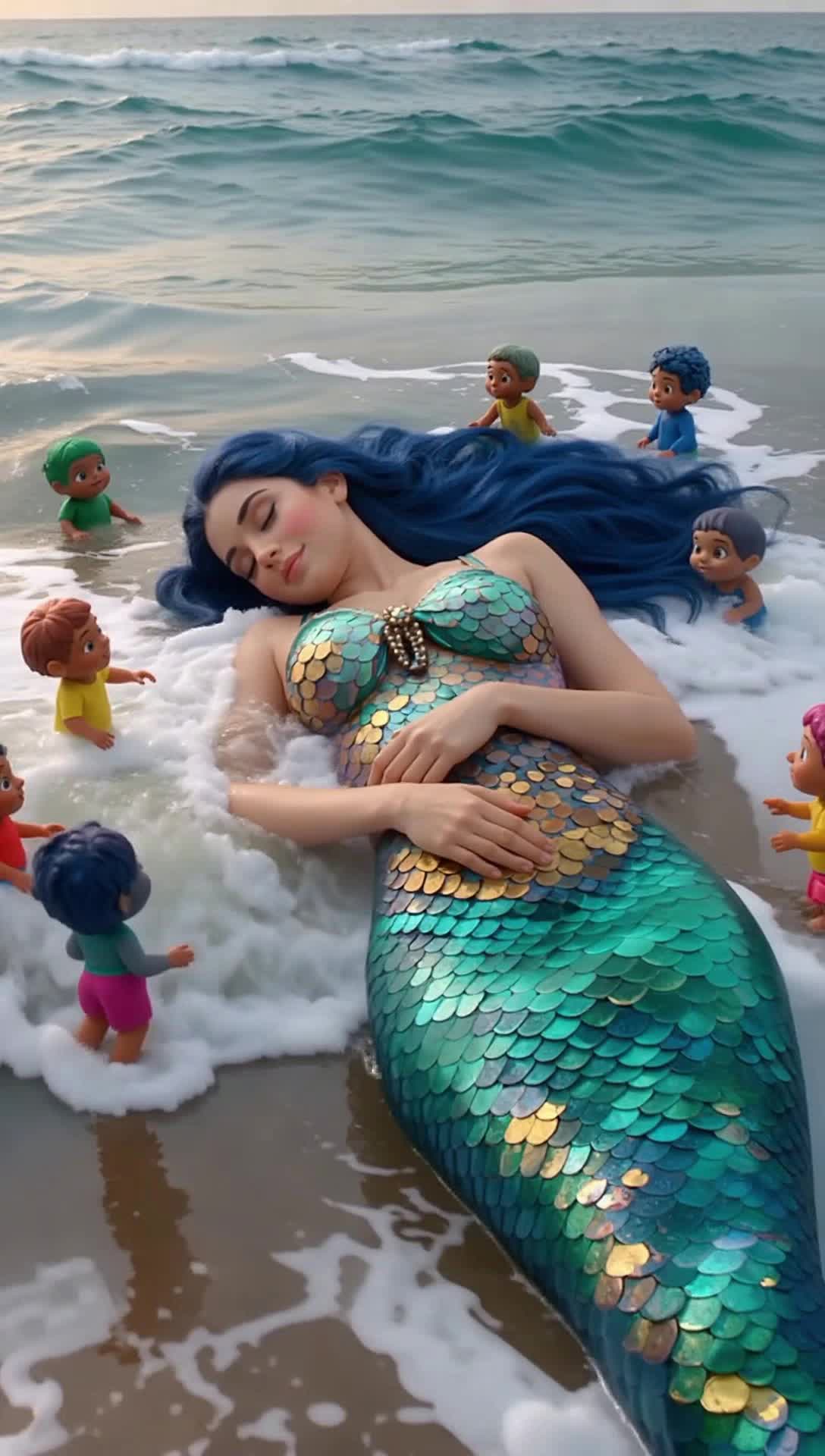 The giant sleeping mermaid wakes up and smiles warmly at the tiny people around her, the tiny people cautiously approach the giantess as the waves continue to roll in and out 