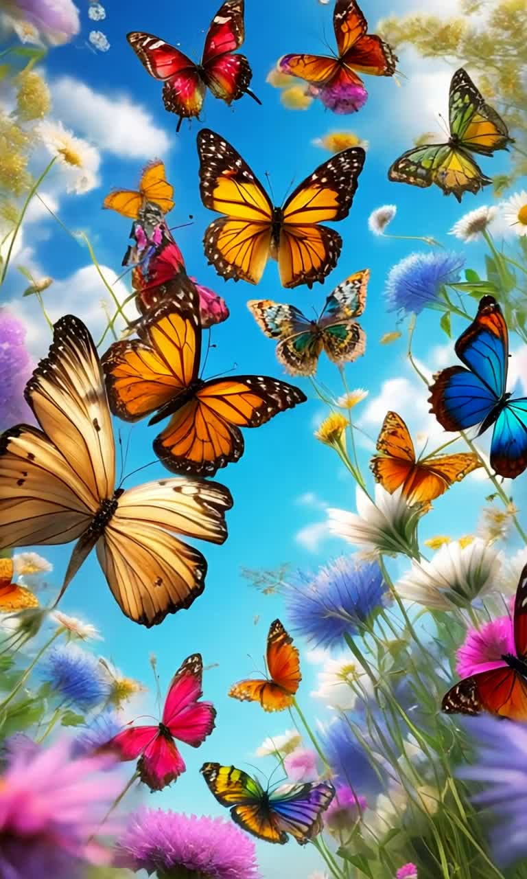 Multicolored butterflies with intricate patterns flutter gracefully through azure summer sky They dance in rhythmic patterns swirling and twirling in gentle breezes Sunlight sparkles on their wings creating a dazzling display of colors Fluffy white clouds drift lazily in the background enhancing the serenity of this enchanting scene Wildflowers bloom below swaying in harmony adding splashes of color to this vibrant tapestry of nature Bright rays of sunlight filter through leaves creating dappled shadows on the ground This magical moment captures the essence of summers beauty inviting viewers to bask in the wonder of natures artistry