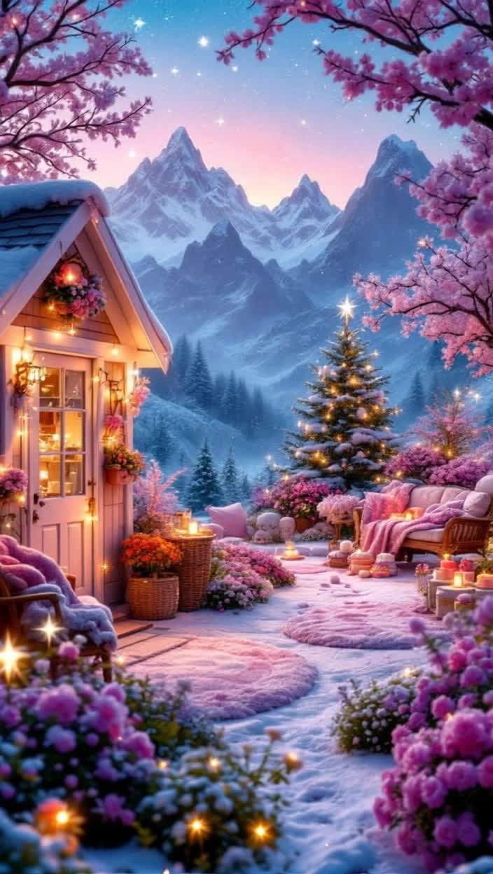 Charming sugar shack radiating warmth with plush blankets draped invitingly across vintage furniture Enveloping whispers of laughter and delight fill the air Magical garden brimming with enchanting desserts glimmering under a blanket of starlit sky Cotton candy mountains rise majestically in the distance casting a dreamy pastel hue throughout the scene twinkling fairy lights dance playfully among the treats creating a whimsical atmosphere inviting exploration and wonder