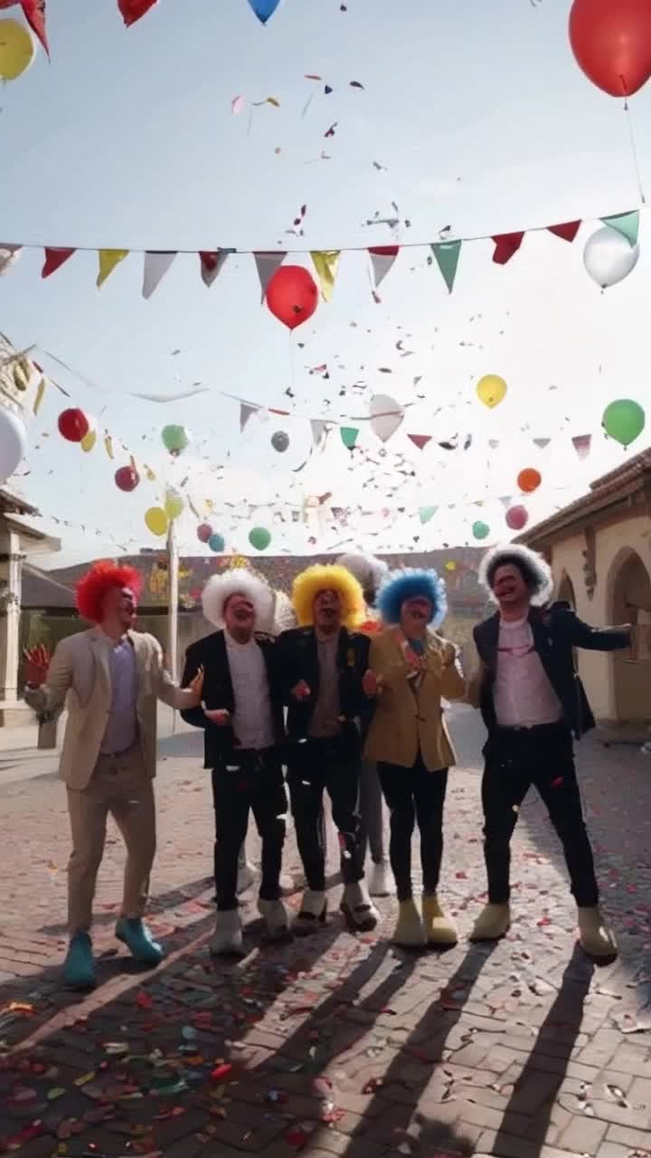 Fede Vigevani surrounded by five colorful clowns radiating joy with oversized shoes and bright wigs glowing with laughter lifting their hands in excitement Sharing infectious smiles creating a festive atmosphere filled with balloons and streamers sparkling confetti falling from above as the birthday celebration of Emmanuel begins Warm sunlight filters through vibrant decorations casting cheerful shadows on the ground Creating a lively carnival vibe surrounding them bursting with energy and happiness