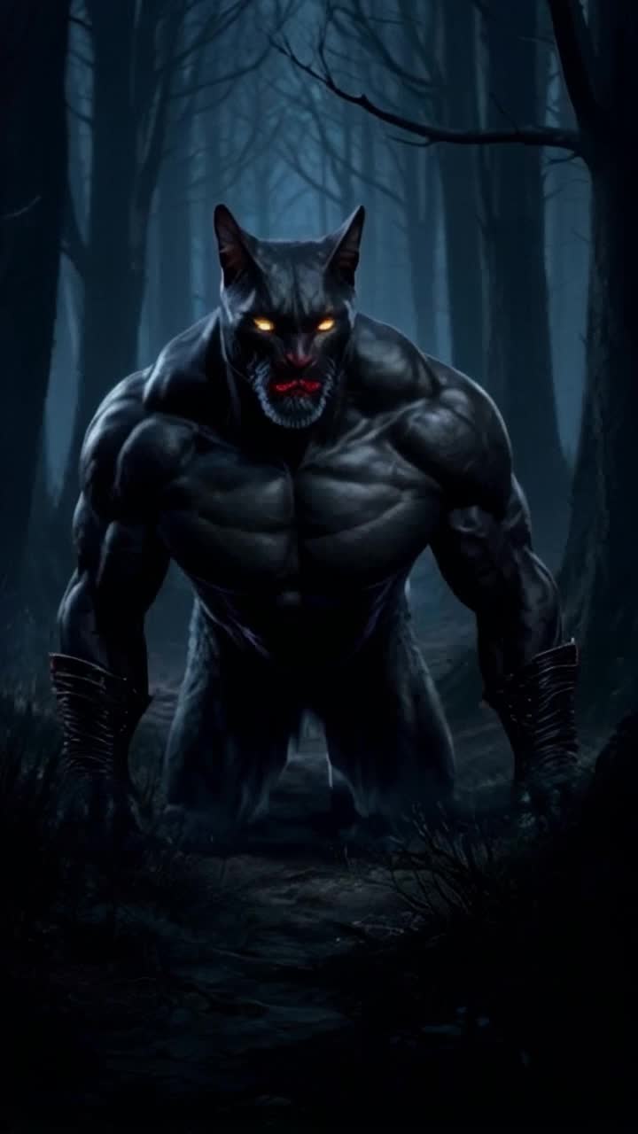 Anton Semenov Inspired, envision a twisted and eerie, hyperrealistic, 3d bender, linuxabstract digital portrait of a glossy black cat running toward camera, transforming into a very muscular,  african american creature with a beard wearing a scary red mask, lurking in the shadows of a desolate forest Its elongated limbs, sharp teeth, and glowing eyes exude an air of darkness dread, realistic, lifelike, symmetric, intricate, sharp focus, dynamic composition, highly detailed, integrating a custom 7 nm amd zen 2 cpu with eight cores running at a variable frequency capped at 35 ghz rdna 2 graphics architecture, hyperrealism, by darek zabrocki, hd, 4k, 8k, art station hd