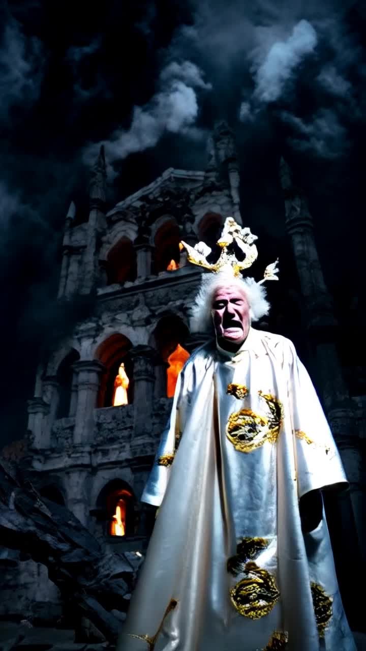 Elderly man wearing luxurious satin robe shimmering white adorned with intricate gold fish motifs wearing whimsical fish shaped headpiece resembling papal tiara recoiling in disgust as he steps on his own disembodied face collapsing church looming ominously behind him crumbling under unseen pressure , covering the old man in darkness swirling overhead  Rays of ominous light piercing through crumbled walls echoes of whispers filling the air tension palpable as shadows dance around fallen structure as orange flames engulf what was used for unnatural doings   