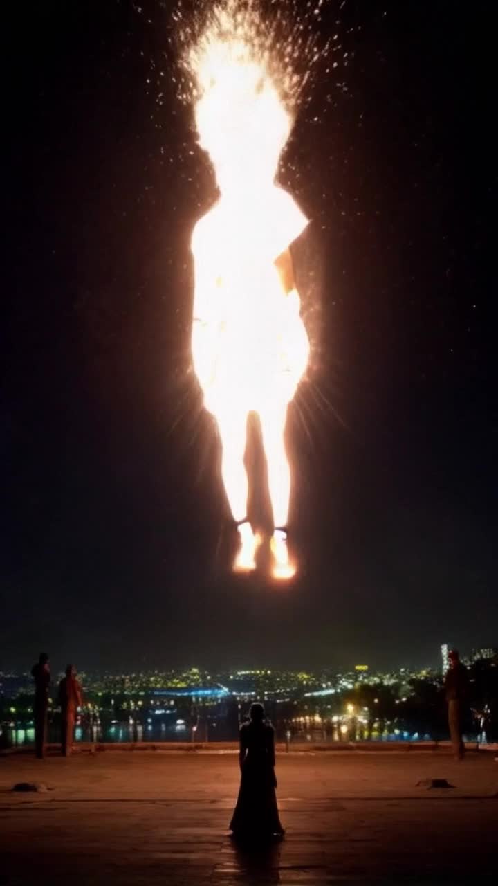 Figure cloaked in darkness steps into radiant light revealing a powerful transformation bursting with energy Waves of high-frequency vibrations surge forth illuminating the scene Bright mystical aura envelops him as shadowy figures retreat engulfed in swirling clouds of dissipating negativity Cityscape at dusk glimmers in the background with twinkling lights reflecting a newfound hope