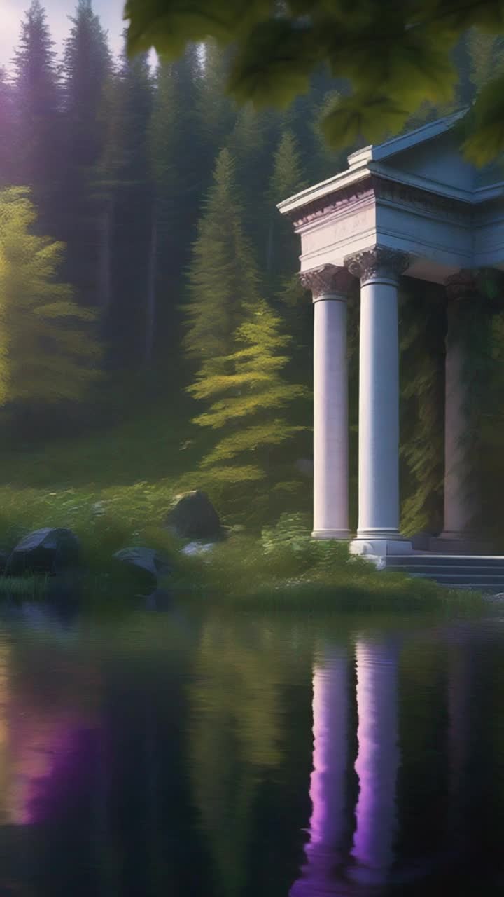 A beautiful pond in a deep dark mysterious forest in the Northern USA The pond has a reflection of a beautiful white Roman style building  with columns The realistic forest is full of diverse plants including pine trees, cedar trees, birch trees, ferns , mosses and diverse wildflowers that are white, blues, purples, pinks,  and yellows