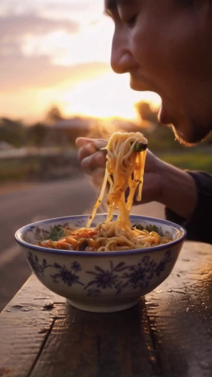 Man savoring delicious mie ayam noodles Enjoying flavorsome bites at a cozy roadside warung Steam swirling from a steaming bowl Camera glides in low angle capturing golden hour light Closeup of joyful slurping sounds backlit by a stunning sunset Blurred motorcycles zipping by adding vibrant energy Background immerses viewers in bustling street ambiance Rich warm tones enhance the scene Shallow depth of field emphasizes glistening textures of noodles lush greens savory broth Handheld camera movement evokes intimacy warmth of street food experience