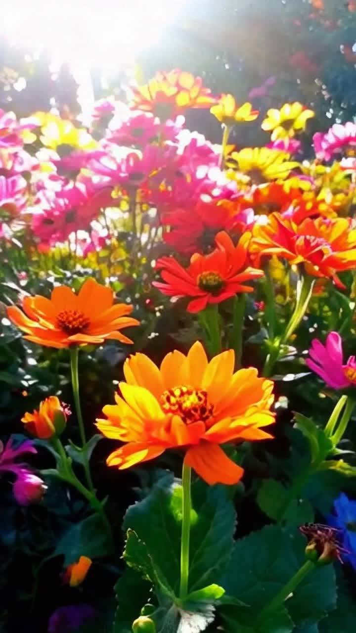 Minuscule figures bustling energetically among vibrant towering flower petals swaying gently in a warm breeze shimmering sunlight filtering through delicate colors creating a magical garden atmosphere rich with wild hues and intoxicating scents humming insects dancing around in harmonious symphony showcasing natures enchanting wonders lively movement celebrating beauty and diversity of life