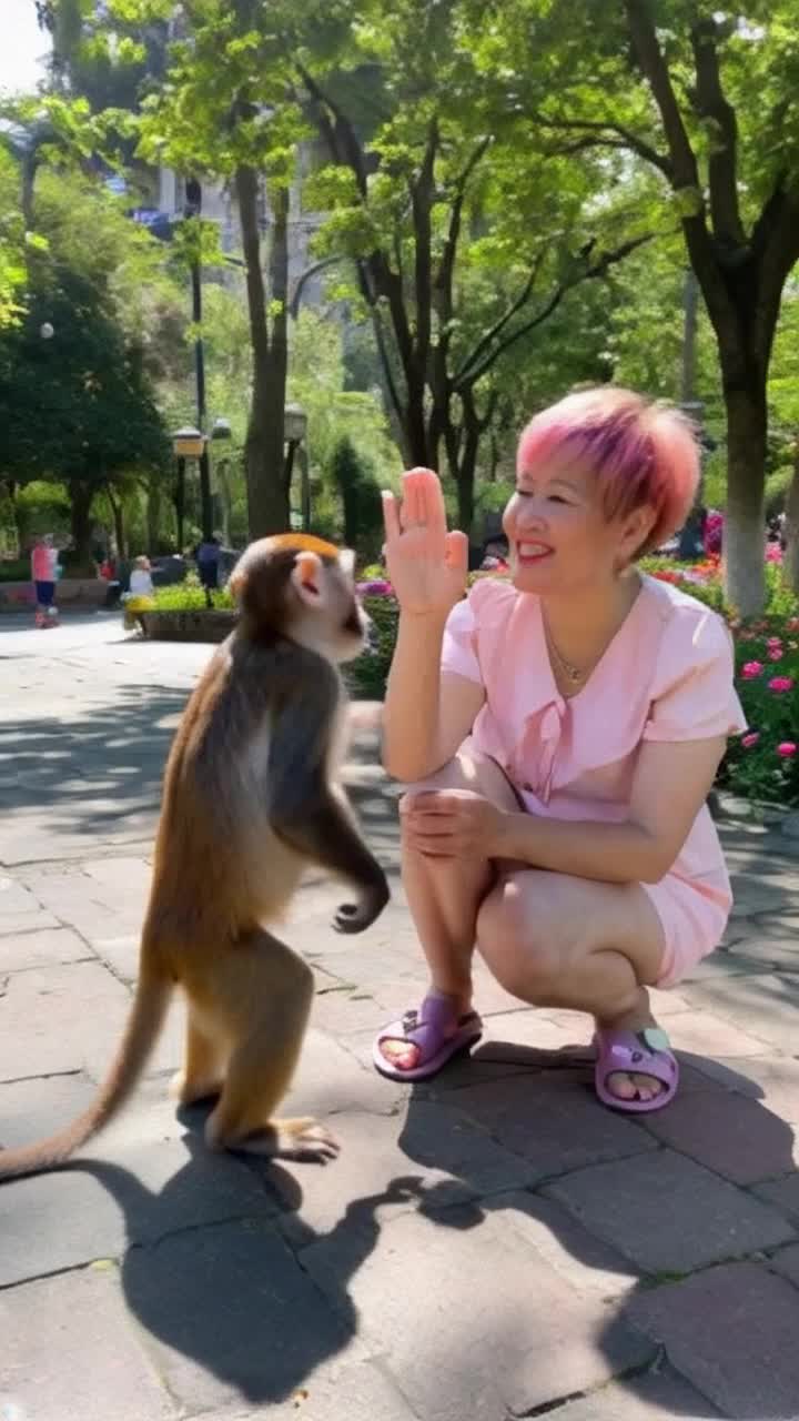 Tiny baby monkey upright on two feet nods enthusiastically at a flustered Karen woman with a pastelcolored haircut before swiftly reaching out to deliver a playful slap cheekily Vibrant city park with blooming flowers sunlight filtering through lush trees children playing in the background adds a whimsical touch to the scene creating a lighthearted atmosphere