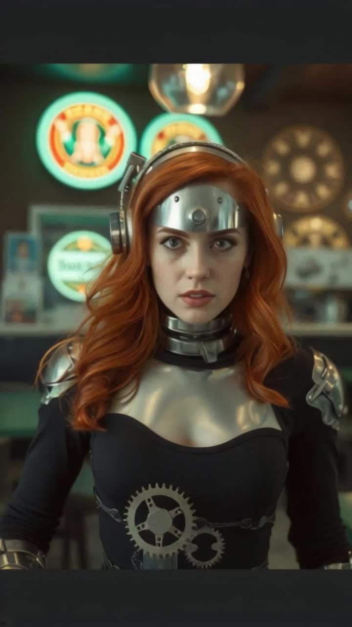 A beautiful red head woman, as a robot, siver metal and working gears visually as her body, she angrily walks, a Tim burton background, she waitresses robotically, at an apartment, serving food as people take advantage of her