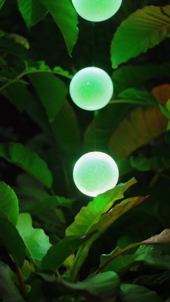 Mysterious glowing orbs dance in midair twinkling softly in rhythm with a captivating melody swirling gracefully around them sparkling lights reflecting off their smooth surfaces A soft breeze carries whispers of an unknown language brushing against vibrant foliage creating an enchanting atmosphere deep within a mystical forest alive with colors and wonder