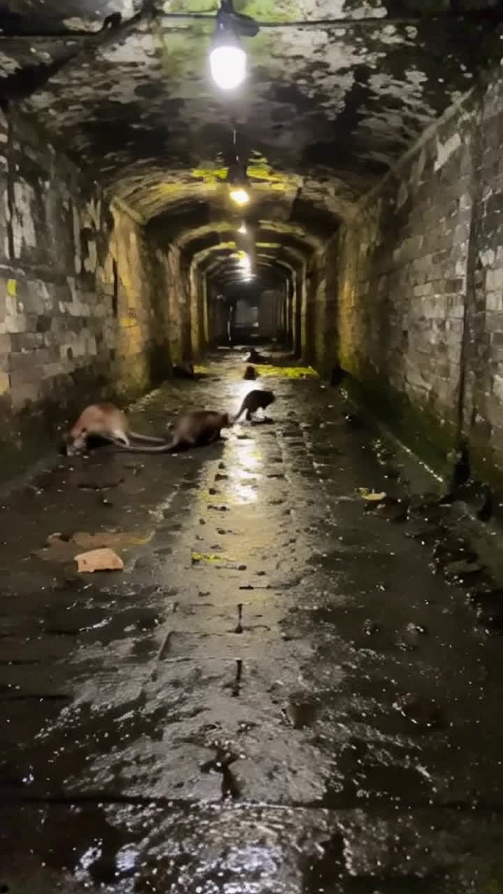 Swift brown rats scurry in groups through a dark damp sewer tunnel illuminated by flickering yellow light droplets racing across mosscovered bricks echoing with distant splashes of water searching for food amidst forgotten city refuse