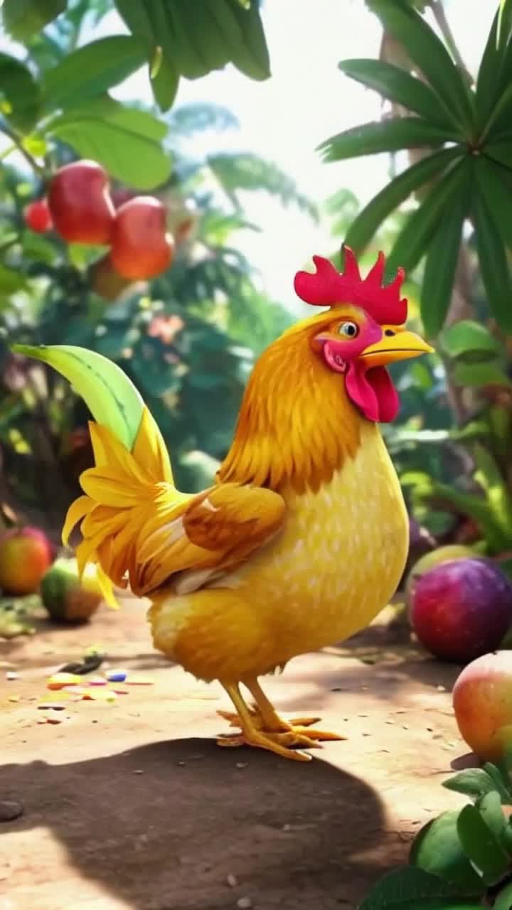 Holding a banana in his paw, an adorable animated chicken in a bright yellow tutu dances playfully Chicken circles and bounces to an upbeat melody Tropical jungle filled with colorful fruits and lush foliage Sparkling sunlight penetrating the leaves Bright TikTokstyle lettering appears around the scene Playful bursts of musical notes surrounding the chickens joyful movements