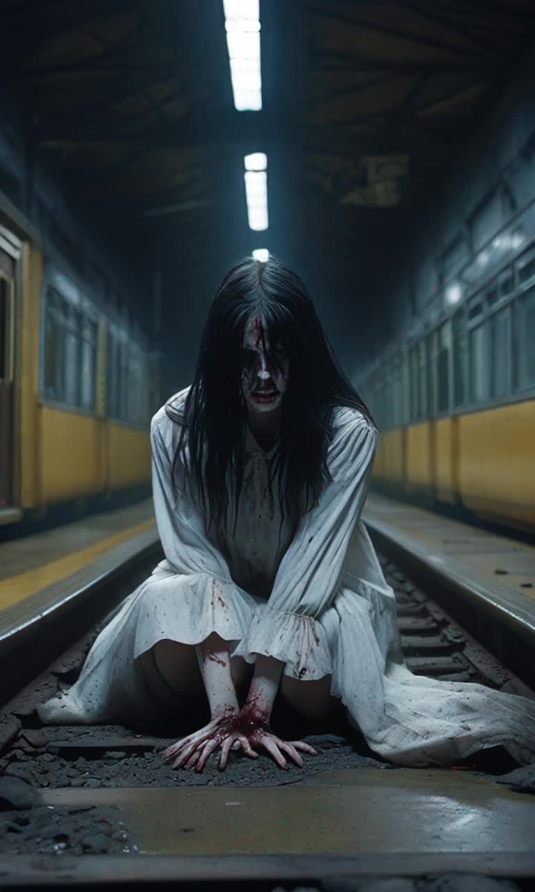 A terrifying, hyperrealistic ghost of a schoolgirl crawls through a dark, abandoned train station at midnight Her body is severed at the waist, leaving only her upper torso as she drags herself across the cold concrete floor Her pale, bloodstained skin contrasts with her long, tangled black hair that partially covers her twisted, ragefilled eyes Her hands, with broken nails and bone, scrape the ground, creating an eerie teke teke sound The dim red emergency lights flicker, casting unsettling shadows on the cracked walls A chilling mist lingers, and the air is thick with the scent of rust and decay