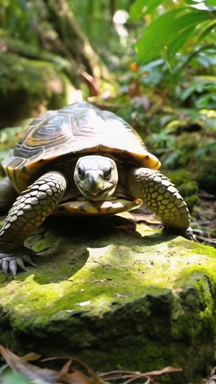 Tortoise with intricate shell patterns strong determined eyes struggling through vibrant lush green mossy stones surrounding colorful tropical plants exotic flowers glowing soft sunlight filtering through dense jungle canopy amplify sounds of rustling leaves chattering wildlife creating a symphony of nature fostering resilience journey of perseverance unfolding amidst rich biodiversity